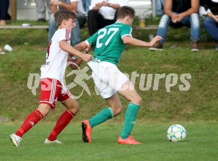 Fussball Unterliga Ost. Ludmannsdorf gegen Mittlern. Markus Partl, (Ludmannsdorf), Marcel Hober (Mittlern). Ludmannsdorf, am 31.8.2014. 
Foto: Kuess
---
pressefotos, pressefotografie, kuess, qs, qspictures, sport, bild, bilder, bilddatenbank