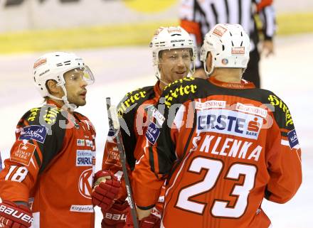 EBEL. Eishockey Bundesliga. KAC gegen Starbulls Rosenheim. Torjubel Thomas Koch, Jamie Lundmark, Mike Siklenka (KAC). Klagenfurt, am 31.8.2014.
Foto: Kuess 

---
pressefotos, pressefotografie, kuess, qs, qspictures, sport, bild, bilder, bilddatenbank