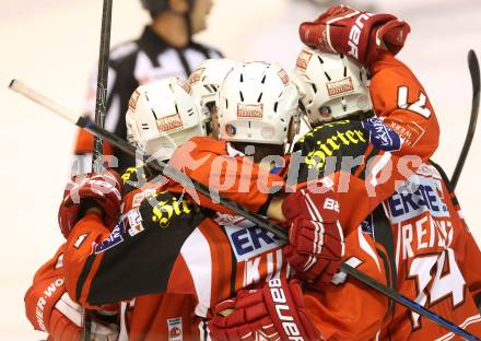 EBEL. Eishockey Bundesliga. KAC gegen Starbulls Rosenheim. Torjubel  (KAC). Klagenfurt, am 31.8.2014.
Foto: Kuess 

---
pressefotos, pressefotografie, kuess, qs, qspictures, sport, bild, bilder, bilddatenbank