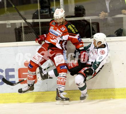 EBEL. Eishockey Bundesliga. KAC gegen Starbulls Rosenheim. Jacques Jean-Francois,  (KAC), Robin Hanselko (Rosenheim). Klagenfurt, am 31.8.2014.
Foto: Kuess 

---
pressefotos, pressefotografie, kuess, qs, qspictures, sport, bild, bilder, bilddatenbank