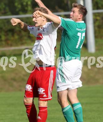 Fussball Unterliga Ost. Ludmannsdorf gegen Mittlern. Michael Krainer (Ludmannsdorf), Thomas Hoeller (Mittlern). Ludmannsdorf, am 31.8.2014. 
Foto: Kuess
---
pressefotos, pressefotografie, kuess, qs, qspictures, sport, bild, bilder, bilddatenbank