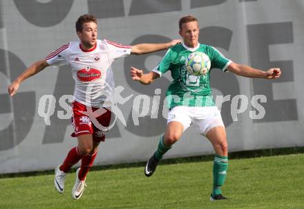 Fussball Unterliga Ost. Ludmannsdorf gegen Mittlern. Marcel Quantschnig, (Ludmannsdorf), Marco Krainz (Mittlern). Ludmannsdorf, am 31.8.2014. 
Foto: Kuess
---
pressefotos, pressefotografie, kuess, qs, qspictures, sport, bild, bilder, bilddatenbank