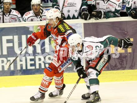 EBEL. Eishockey Bundesliga. KAC gegen Starbulls Rosenheim. Luke Pither,  (KAC), Sergio Somma (Rosenheim). Klagenfurt, am 31.8.2014.
Foto: Kuess 

---
pressefotos, pressefotografie, kuess, qs, qspictures, sport, bild, bilder, bilddatenbank