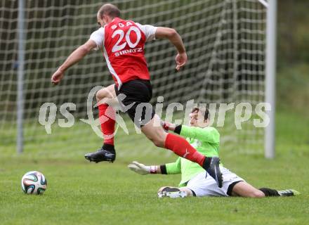 Fussball 1. KLasse C1.  Sirnitz gegen Eberstein. Markus HUber,  (Sirnitz), Markus Zimmermann (Eberstein). Sirnitz, am 30.8.2014.
Foto: Kuess
---
pressefotos, pressefotografie, kuess, qs, qspictures, sport, bild, bilder, bilddatenbank