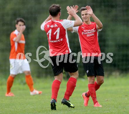 Fussball 1. KLasse C1.  Sirnitz gegen Eberstein. Torjubel Christopher Wadl, Patrick Fresenberger (Sirnitz). Sirnitz, am 30.8.2014.
Foto: Kuess
---
pressefotos, pressefotografie, kuess, qs, qspictures, sport, bild, bilder, bilddatenbank