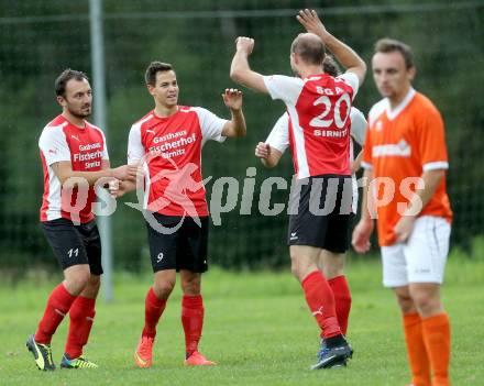 Fussball 1. KLasse C1.  Sirnitz gegen Eberstein. Torjubel Christopher Wadl, Patrick Fresenberger, Markus Struckl (Sirnitz). Sirnitz, am 30.8.2014.
Foto: Kuess
---
pressefotos, pressefotografie, kuess, qs, qspictures, sport, bild, bilder, bilddatenbank