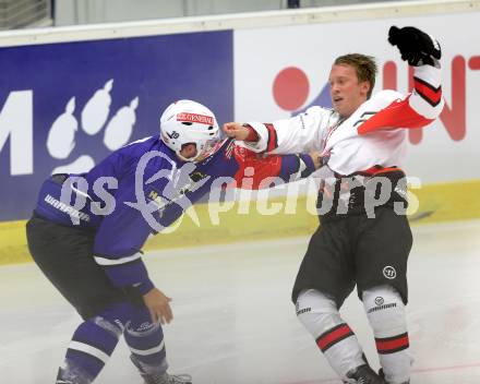 Eishockey. Champions Hockey League VSV gegen Briancon Diables Rouges. Stefan Bacher #19, (VSV),  Jimmy Jensen #91 (Briancon). Villach, 4.9.2014.
Foto: Kuess 
---
pressefotos, pressefotografie, kuess, qs, qspictures, sport, bild, bilder, bilddatenbank