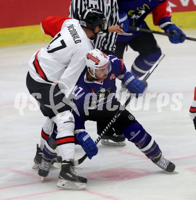 Eishockey. Champions Hockey League VSV gegen Briancon Diables Rouges. Sean Ringrose #17, (VSV),  Ian McDonald #17 (Briancon). Villach, 4.9.2014.
Foto: Kuess 
---
pressefotos, pressefotografie, kuess, qs, qspictures, sport, bild, bilder, bilddatenbank