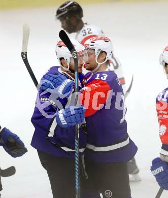 Eishockey. Champions Hockey League VSV gegen Briancon Diables Rouges. Torjubel John Lammers #13, Benjamin Petrik #21 (VSV). Villach, 4.9.2014.
Foto: Kuess 
---
pressefotos, pressefotografie, kuess, qs, qspictures, sport, bild, bilder, bilddatenbank