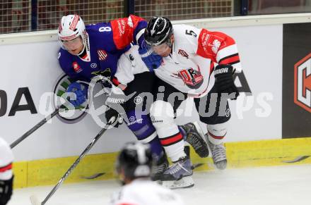 Eishockey. Champions Hockey League VSV gegen Briancon Diables Rouges. Ruslan Gelfanov, #8, (VSV), Viktor Szelig #5 (Briancon). Villach, 4.9.2014.
Foto: Kuess 
---
pressefotos, pressefotografie, kuess, qs, qspictures, sport, bild, bilder, bilddatenbank