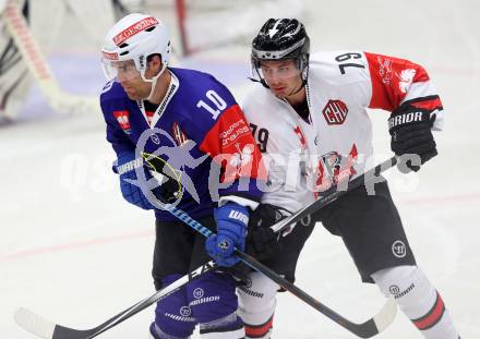 Eishockey. Champions Hockey League VSV gegen Briancon Diables Rouges. Brock McBride #10, (VSV), Norbert Abramov #79 (Briancon). Villach, 4.9.2014.
Foto: Kuess 
---
pressefotos, pressefotografie, kuess, qs, qspictures, sport, bild, bilder, bilddatenbank