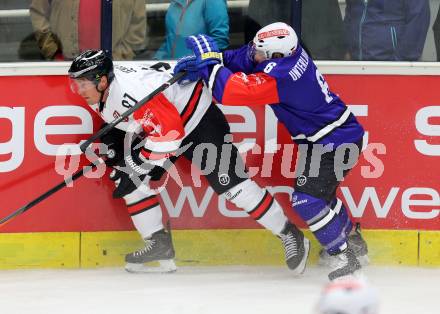 Eishockey. Champions Hockey League VSV gegen Briancon Diables Rouges. Gerhard Unterluggauer #6, (VSV),  Jimmy Jensen #91 (Briancon). Villach, 4.9.2014.
Foto: Kuess 
---
pressefotos, pressefotografie, kuess, qs, qspictures, sport, bild, bilder, bilddatenbank