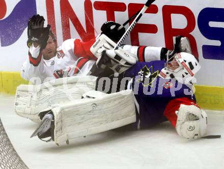 Eishockey. Champions Hockey League VSV gegen Briancon Diables Rouges. Jean Philippe Lamoureux #1,  (VSV), Oierre Antoine Devin #19 (Briancon). Villach, 4.9.2014.
Foto: Kuess 
---
pressefotos, pressefotografie, kuess, qs, qspictures, sport, bild, bilder, bilddatenbank