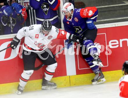 Eishockey. Champions Hockey League VSV gegen Briancon Diables Rouges. Benjamin Petrik #21,  (VSV), Lionel Tarantino #29 (Briancon). Villach, 4.9.2014.
Foto: Kuess 
---
pressefotos, pressefotografie, kuess, qs, qspictures, sport, bild, bilder, bilddatenbank