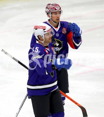 Eishockey. Champions Hockey League VSV gegen Briancon Diables Rouges. Torjubel Francois Fortier #15, Marc Santorelli #11 (VSV). Villach, 4.9.2014.
Foto: Kuess 
---
pressefotos, pressefotografie, kuess, qs, qspictures, sport, bild, bilder, bilddatenbank