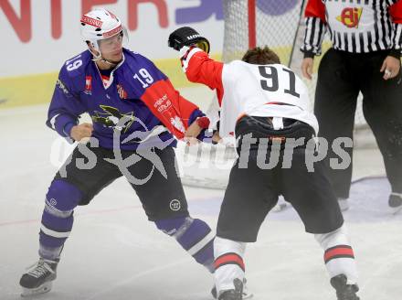 Eishockey. Champions Hockey League VSV gegen Briancon Diables Rouges. Stefan Bacher #19, (VSV),  Jimmy Jensen #91 (Briancon). Villach, 4.9.2014.
Foto: Kuess 
---
pressefotos, pressefotografie, kuess, qs, qspictures, sport, bild, bilder, bilddatenbank