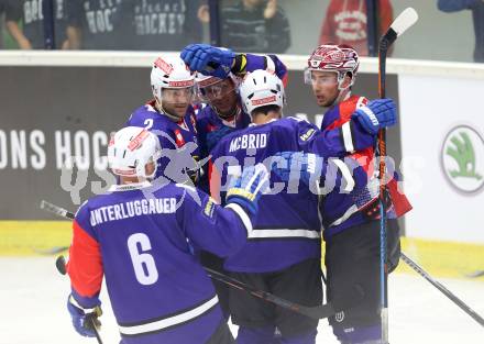 Eishockey. Champions Hockey League VSV gegen Briancon Diables Rouges. Torjubel Francois Fortier #15, Marc Santorelli #11, Brock McBride #10, Cole Jarrett #2, Gerhard Unterluggauer #6 (VSV). Villach, 4.9.2014.
Foto: Kuess 
---
pressefotos, pressefotografie, kuess, qs, qspictures, sport, bild, bilder, bilddatenbank