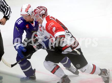 Eishockey. Champions Hockey League VSV gegen Briancon Diables Rouges. Daniel Nageler #16,  (VSV), Damien Raux #28 (Briancon). Villach, 4.9.2014.
Foto: Kuess 
---
pressefotos, pressefotografie, kuess, qs, qspictures, sport, bild, bilder, bilddatenbank