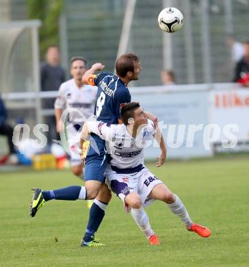 Fussball Regionalliga. SAK gegen Kalsdorf. Tadej Zagar Knez,  (SAK), Rafael Dorn (Kalsdorf). Klagenfurt, 5.9.2014.
Foto: Kuess
---
pressefotos, pressefotografie, kuess, qs, qspictures, sport, bild, bilder, bilddatenbank