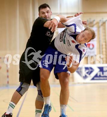 Handball Bundesliga. SC Ferlach gegen HSG Holding Graz. Leopold Wagner,  (Ferlach), Alen Melnjak (Graz). Ferlach, 6.9.2014.
Foto: Kuess
---
pressefotos, pressefotografie, kuess, qs, qspictures, sport, bild, bilder, bilddatenbank