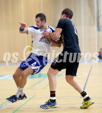 Handball Bundesliga. SC Ferlach gegen HSG Holding Graz. Dean Pomorisac, (Ferlach), Matej Hartman  (Graz). Ferlach, 6.9.2014.
Foto: Kuess
---
pressefotos, pressefotografie, kuess, qs, qspictures, sport, bild, bilder, bilddatenbank