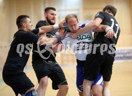 Handball Bundesliga. SC Ferlach gegen HSG Holding Graz. Leopold Wagner,  (Ferlach), Alen Melnjak, Lukas Schweighofer, Matej Hartman (Graz). Ferlach, 6.9.2014.
Foto: Kuess
---
pressefotos, pressefotografie, kuess, qs, qspictures, sport, bild, bilder, bilddatenbank