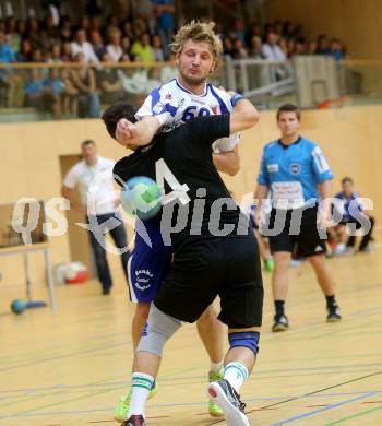 Handball Bundesliga. SC Ferlach gegen HSG Holding Graz. Miha Tomsic,  (Ferlach), Alen Melnjak (Graz). Ferlach, 6.9.2014.
Foto: Kuess
---
pressefotos, pressefotografie, kuess, qs, qspictures, sport, bild, bilder, bilddatenbank