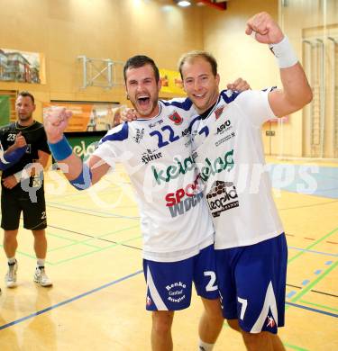 Handball Bundesliga. SC Ferlach gegen HSG Holding Graz. Jubel Dean Pomorisac, Leopold Wagner (Ferlach). Ferlach, 6.9.2014.
Foto: Kuess
---
pressefotos, pressefotografie, kuess, qs, qspictures, sport, bild, bilder, bilddatenbank