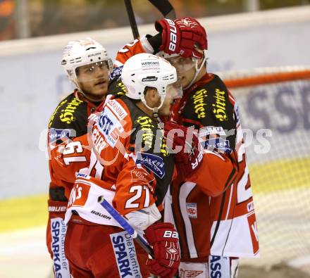 EBEL. Eishockey Bundesliga. KAC gegen HDD TELEMACH Olimpija Ljubljana.  Torjubel Stephan Geier, Manuel Geier, Thomas HUndertpfund (KAC). Klagenfurt, am 12.9.2014.
Foto: Kuess 

---
pressefotos, pressefotografie, kuess, qs, qspictures, sport, bild, bilder, bilddatenbank