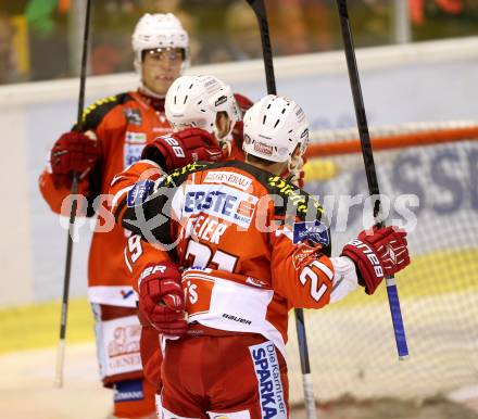 EBEL. Eishockey Bundesliga. KAC gegen HDD TELEMACH Olimpija Ljubljana.  Torjubel Stephan Geier, Manuel Geier, Thomas HUndertpfund (KAC). Klagenfurt, am 12.9.2014.
Foto: Kuess 

---
pressefotos, pressefotografie, kuess, qs, qspictures, sport, bild, bilder, bilddatenbank