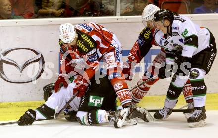 EBEL. Eishockey Bundesliga. KAC gegen HDD TELEMACH Olimpija Ljubljana.  Jamie Lundmark, Thomas Poeck, (KAC), Matt White, Rok Leber  (Laibach). Klagenfurt, am 12.9.2014.
Foto: Kuess 

---
pressefotos, pressefotografie, kuess, qs, qspictures, sport, bild, bilder, bilddatenbank