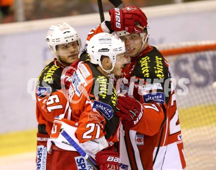 EBEL. Eishockey Bundesliga. KAC gegen HDD TELEMACH Olimpija Ljubljana.  Torjubel Stephan Geier, Manuel Geier, Thomas HUndertpfund (KAC). Klagenfurt, am 12.9.2014.
Foto: Kuess 

---
pressefotos, pressefotografie, kuess, qs, qspictures, sport, bild, bilder, bilddatenbank