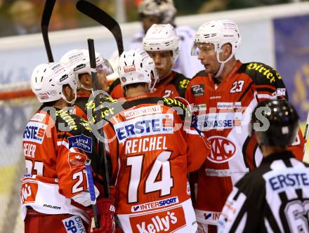 EBEL. Eishockey Bundesliga. KAC gegen HDD TELEMACH Olimpija Ljubljana.  Torjubel Stephan Geier, Manuel Geier, Thomas HUndertpfund, Johannes Reichel, Mike Siklenka (KAC). Klagenfurt, am 12.9.2014.
Foto: Kuess 

---
pressefotos, pressefotografie, kuess, qs, qspictures, sport, bild, bilder, bilddatenbank