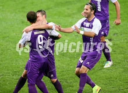 Fussball Regionalliga. SK Austria Klagenfurt gegen SC Sparkasse Weiz. Torjubel Rajko Rep, Fabian Miesenboeck, Sandro Zakany (Klagenfurt). Klagenfurt, 12.9.2014.
Foto: Kuess
---
pressefotos, pressefotografie, kuess, qs, qspictures, sport, bild, bilder, bilddatenbank