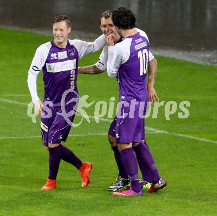 Fussball Regionalliga. SK Austria Klagenfurt gegen SC Sparkasse Weiz. Torjubel Fabian Miesenboeck, Rajko Rep, Sandro Zakany (Klagenfurt). Klagenfurt, 12.9.2014.
Foto: Kuess
---
pressefotos, pressefotografie, kuess, qs, qspictures, sport, bild, bilder, bilddatenbank