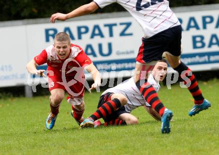 Fussball. Unterliga Ost. KAC 1909 gegen SPG FC Poggersdorf KM. Matic Petek (KAC), Michael Alfred Hofbauer (Poggersdorf). Klagenfurt, 13.9.2014.
Foto: Kuess
---
pressefotos, pressefotografie, kuess, qs, qspictures, sport, bild, bilder, bilddatenbank