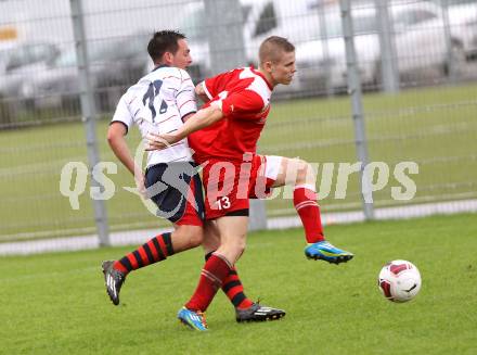 Fussball. Unterliga Ost. KAC 1909 gegen SPG FC Poggersdorf KM. Matic Petek (KAC), Christoph Duller (Poggersdorf). Klagenfurt, 13.9.2014.
Foto: Kuess
---
pressefotos, pressefotografie, kuess, qs, qspictures, sport, bild, bilder, bilddatenbank