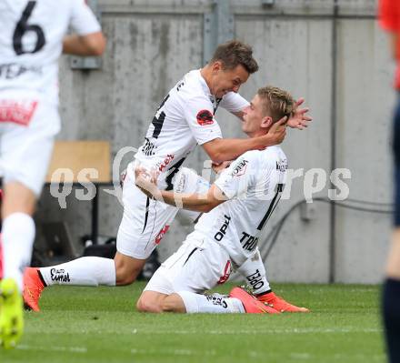 Fussball Bundesliga. RZ Pellets WAC gegen FC Red Bull Salzburg. Torjubel Christopher Wernitznig, Tadej Trdina (WAC). Klagenfurt, am 14.9.2014.
Foto: Kuess

---
pressefotos, pressefotografie, kuess, qs, qspictures, sport, bild, bilder, bilddatenbank