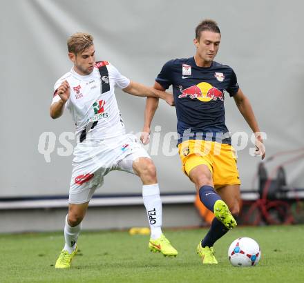 Fussball Bundesliga. RZ Pellets WAC gegen FC Red Bull Salzburg. Manuel Weber,  (WAC), Stefan Ilsanker (Salzburg). Klagenfurt, am 14.9.2014.
Foto: Kuess

---
pressefotos, pressefotografie, kuess, qs, qspictures, sport, bild, bilder, bilddatenbank