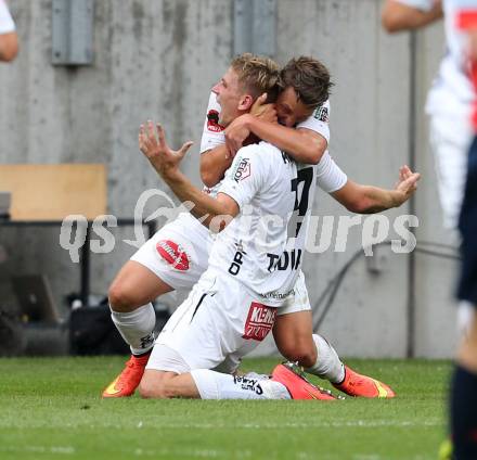 Fussball Bundesliga. RZ Pellets WAC gegen FC Red Bull Salzburg. Torjubel Christopher Wernitznig, Tadej Trdina (WAC). Klagenfurt, am 14.9.2014.
Foto: Kuess

---
pressefotos, pressefotografie, kuess, qs, qspictures, sport, bild, bilder, bilddatenbank