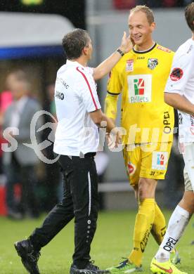 Fussball Bundesliga. RZ Pellets WAC gegen FC Red Bull Salzburg. Trainer Dietmar Kuehbauer, Alexander Kofler (WAC). Klagenfurt, am 14.9.2014.
Foto: Kuess

---
pressefotos, pressefotografie, kuess, qs, qspictures, sport, bild, bilder, bilddatenbank