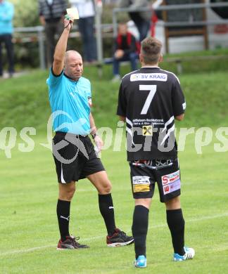 Fussball. Unterliga Ost. Ludmannsdorf gegen Kraig. Gelbe Karte Schiedsrichter Gerhard Begusch, Manuel Riesser (Kraig).
Ludmannsdorf, 14.9.2014.
Foto: Kuess
---
pressefotos, pressefotografie, kuess, qs, qspictures, sport, bild, bilder, bilddatenbank