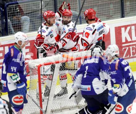 EBEL. Eishockey Bundesliga. EC VSV gegen HC TWK Innsbruck.  Torjubel (Innsbruck). Villach, am 19.9.2014.
Foto: Kuess 


---
pressefotos, pressefotografie, kuess, qs, qspictures, sport, bild, bilder, bilddatenbank