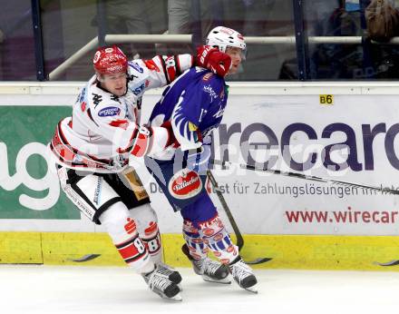 EBEL. Eishockey Bundesliga. EC VSV gegen HC TWK Innsbruck. John Lammers, (VSV), Nicholas Ross  (Innsbruck). Villach, am 19.9.2014.
Foto: Kuess 


---
pressefotos, pressefotografie, kuess, qs, qspictures, sport, bild, bilder, bilddatenbank