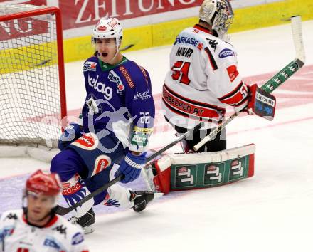 EBEL. Eishockey Bundesliga. EC VSV gegen HC TWK Innsbruck. Torjubel Adis Alagic, (VSV). Villach, am 19.9.2014.
Foto: Kuess 


---
pressefotos, pressefotografie, kuess, qs, qspictures, sport, bild, bilder, bilddatenbank