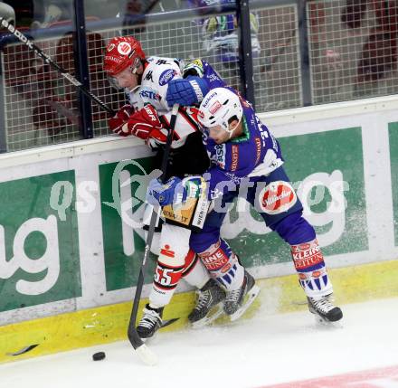 EBEL. Eishockey Bundesliga. EC VSV gegen HC TWK Innsbruck. Francois Fortier, (VSV),  Johan Bjoerk  (Innsbruck). Villach, am 19.9.2014.
Foto: Kuess 


---
pressefotos, pressefotografie, kuess, qs, qspictures, sport, bild, bilder, bilddatenbank