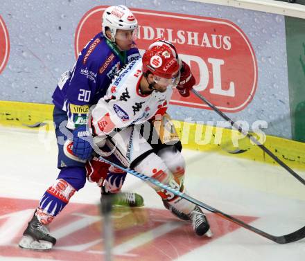 EBEL. Eishockey Bundesliga. EC VSV gegen HC TWK Innsbruck. Nico Brunner,  (VSV), Matt Siddal (Innsbruck). Villach, am 19.9.2014.
Foto: Kuess 


---
pressefotos, pressefotografie, kuess, qs, qspictures, sport, bild, bilder, bilddatenbank