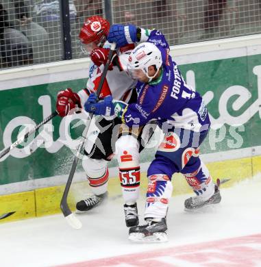 EBEL. Eishockey Bundesliga. EC VSV gegen HC TWK Innsbruck. Francois Fortier,  (VSV), Johan Bjoerk (Innsbruck). Villach, am 19.9.2014.
Foto: Kuess 


---
pressefotos, pressefotografie, kuess, qs, qspictures, sport, bild, bilder, bilddatenbank