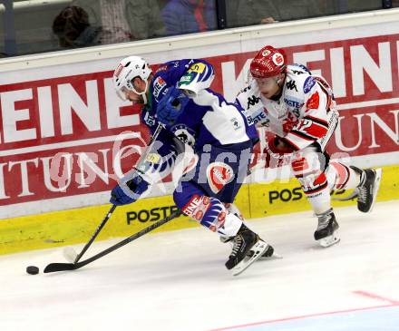 EBEL. Eishockey Bundesliga. EC VSV gegen HC TWK Innsbruck. Sean Ringrose,  (VSV), Daniel Frischmann (Innsbruck). Villach, am 19.9.2014.
Foto: Kuess 


---
pressefotos, pressefotografie, kuess, qs, qspictures, sport, bild, bilder, bilddatenbank