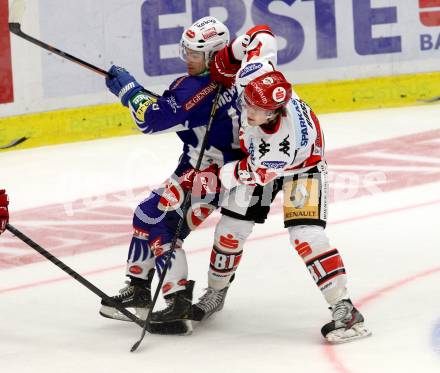 EBEL. Eishockey Bundesliga. EC VSV gegen HC TWK Innsbruck. Brock McBride,  (VSV), Nicholas Ross (Innsbruck). Villach, am 19.9.2014.
Foto: Kuess 


---
pressefotos, pressefotografie, kuess, qs, qspictures, sport, bild, bilder, bilddatenbank